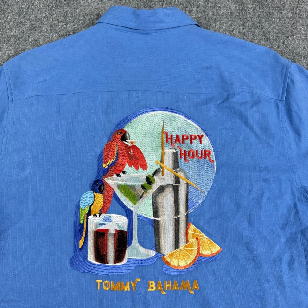 Tommy Bahama Button Down Shirt Mens Large Blue Silk Happy Hour Parrot Embroider